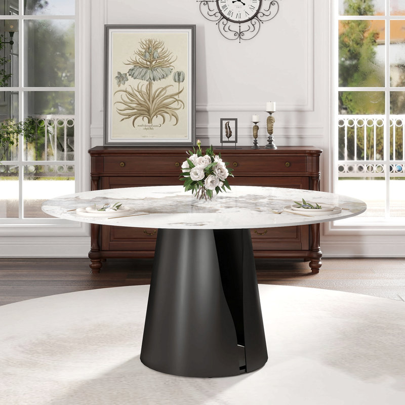 Table de salle à manger moderne 59,05 "en pierre artificielle ronde en acier au carbone noir pouvant accueillir 6 à 8 personnes