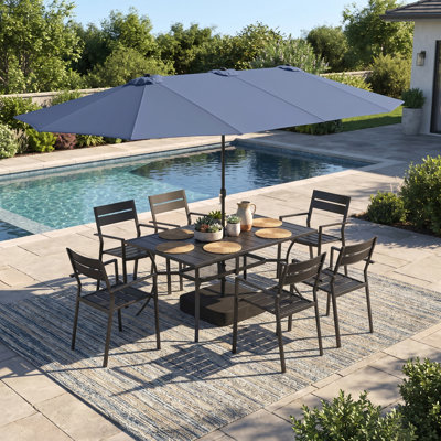 6 Person Patio Dining Set with Stackable Armrest Metal Dining Chairs and 13 ft Market Umbrella