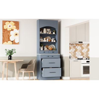 Modern Gray Kitchen Storage Pantry With Faux Marble Top, 83.7inch High, 5 Drawers And Adjustable Shelf Freestanding Cabinet In Gray, High Marble,