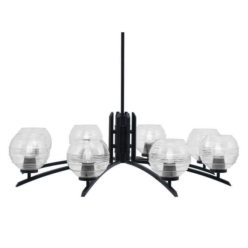Lustre 8 lumières Kurve illustré en finition noir mat avec verre nervuré de 6 po, Clair