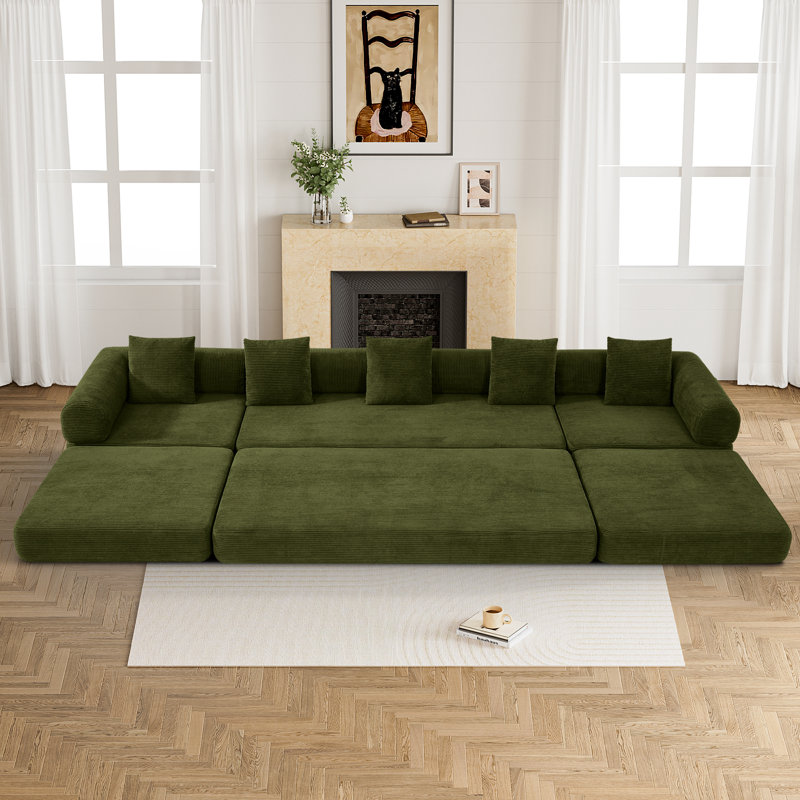 Boneless Convertible Sectional Sleeper Sofa Bed Modular Compression Couch With Removable Back And Arm, Green Corduroy