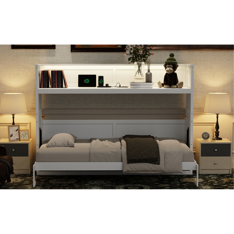Lit simple TG avec bureau, DEL et charge. Blanc. Fabriqué en bois massif et pouvant être utilisé dans le bureau personnel d'une chambre d'amis. Couleur blanche. Produit à l'aide d'un