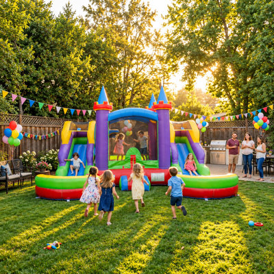 POP JUMP Rainbow Castle 16' x 17' Inflatable Bounce House with Slide, Splash Pool & Basketball Hoop, Wet/Dry Backyard Combo with Blower
