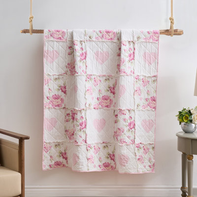 Greenland Home Fashions Veronica’s Hearts Pink Quilted Throw – 50"x60", 100% Cotton Face + Microfiber Back, Soft, Reversible Design
