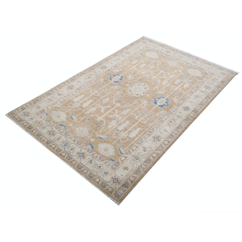 Tapis à motif floral en laine noué à la main de 3,8 x 5,8 pi rouge, beige et bleu clair