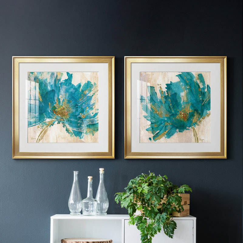 «Blue Infusion I», ensemble de 2 reproductions d'art encadrées, H 17,5 po x l 35 po x P 1,5 po, Papier encadré doré, Blanc