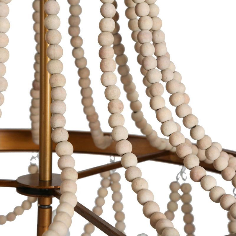 4-Light White & Gold Chandelier Boho Style with Woodbead Shade for Dry Indoor, Distressed Off-white