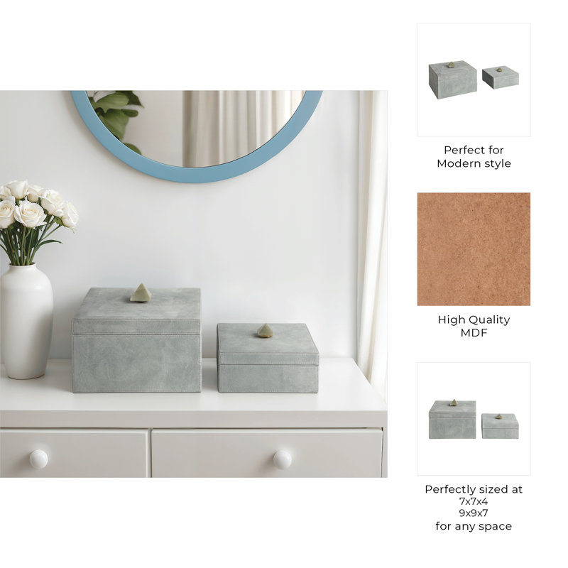 Sagebrook Home 2-Pieces Harcourt Suede Boxes With Stone Knob, Blue