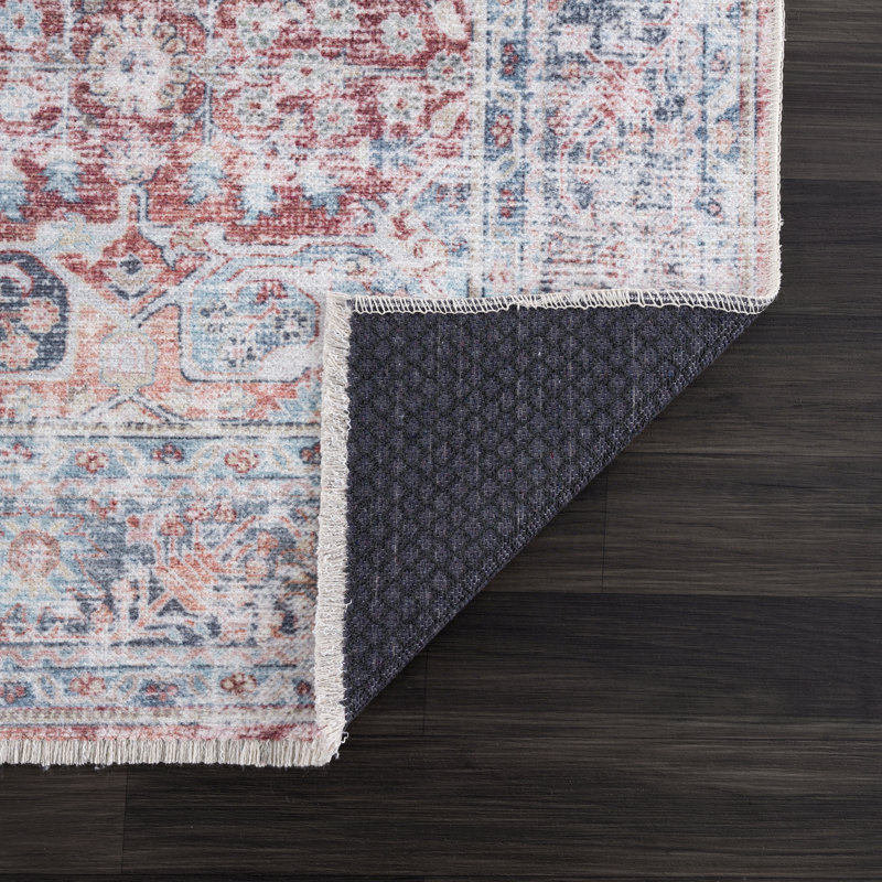 Tapis traditionnel lavable antidérapant - brique / bleu foncé , Rectangle 7 pi 10 po x 10 pi