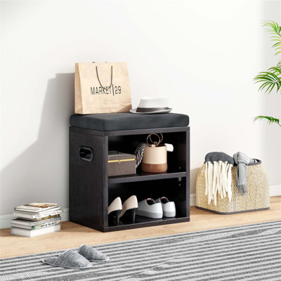 Banc à chaussures compact avec coussin et rangement réglable, parfait pour l'organisation du vestibule et des sièges confortables