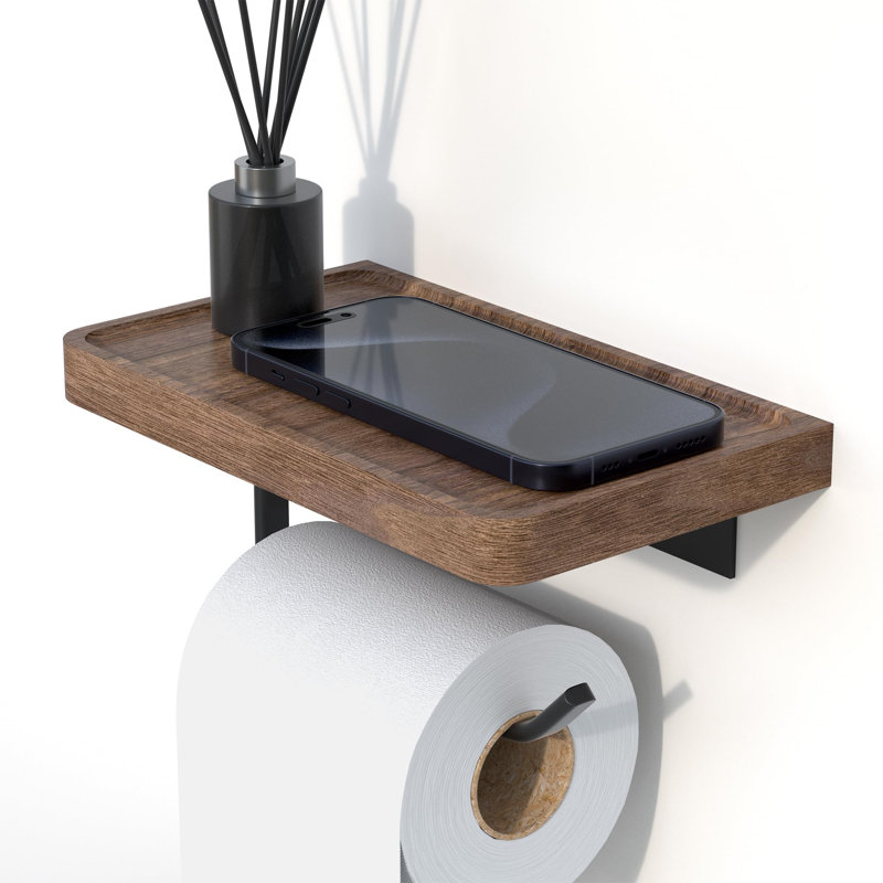 Porte-papier hygiénique avec tablette en bois de noyer noir, tablette murale et adhésive en bois pour suspendre un rouleau de papier hygiénique