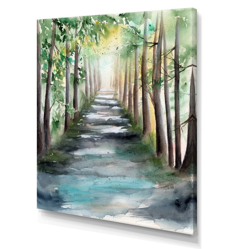 «A Sunlit Forest Alley with Tree Shadows I», peinture sur toile, H 32 po x l 16 po x P 1 po, Toile tendue