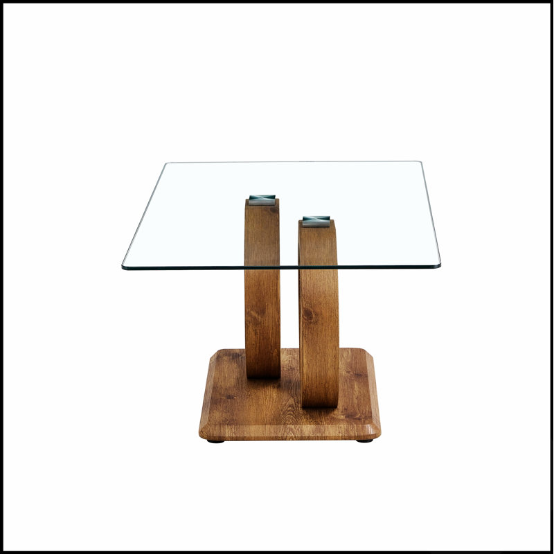 Table basse moderne moderne avec plateau en verre trempé et pieds en grain de bois, parfaite pour les salons élégants