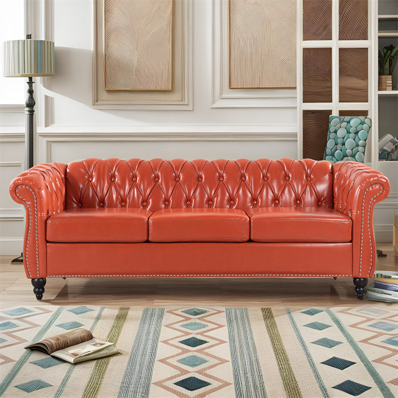 Arlen 84.65'' Faux Leather Rolled Arm Sofa,Nailheads,couch, Orange Faux Leather