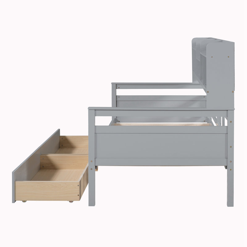 Lit de jour, support en lattes de bois, avec tablette de chevet et deux tiroirs, Lit simple, Gris
