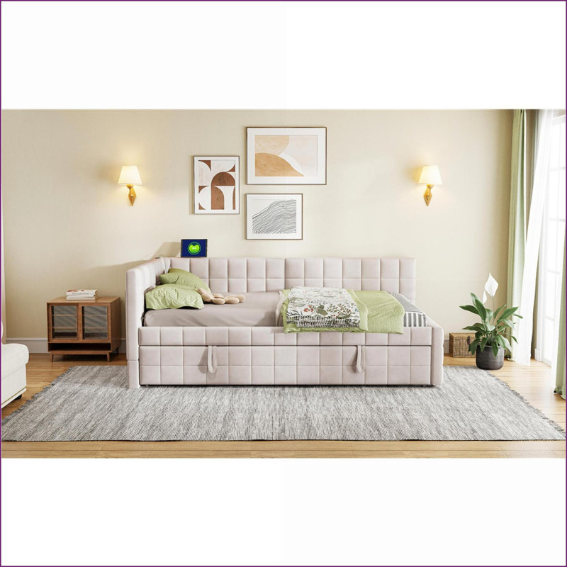 Full Size Upholstered L-Shaped Daybed with Twin Pop-Up Trundle &amp; USB Ports, Beige for Modern Bedrooms, Beige