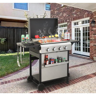 4-Burner Propane Gas BBQ Grill with SS Plancha 49,200BTU Output Wire Enamel Grids Foldable Table & Hanging Basket All-Stainless Steel Outdoor Grill