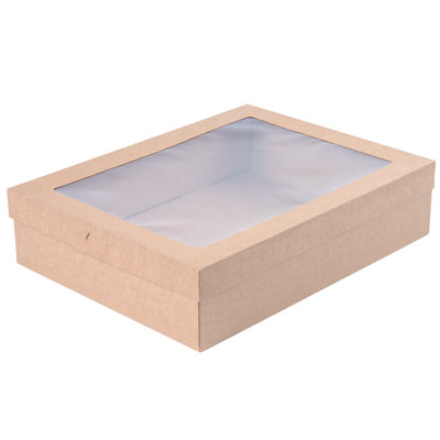 Restaurantware-Cater Tek 14.3 x 10 x 3.2 Inch Catering Boxes, 10 Insert Tab Lock Baked Goods Boxes - Window Lids, Easy Assembly, Kraft Paper Window Pastry Box, For Charcuterie Or Cupcakes