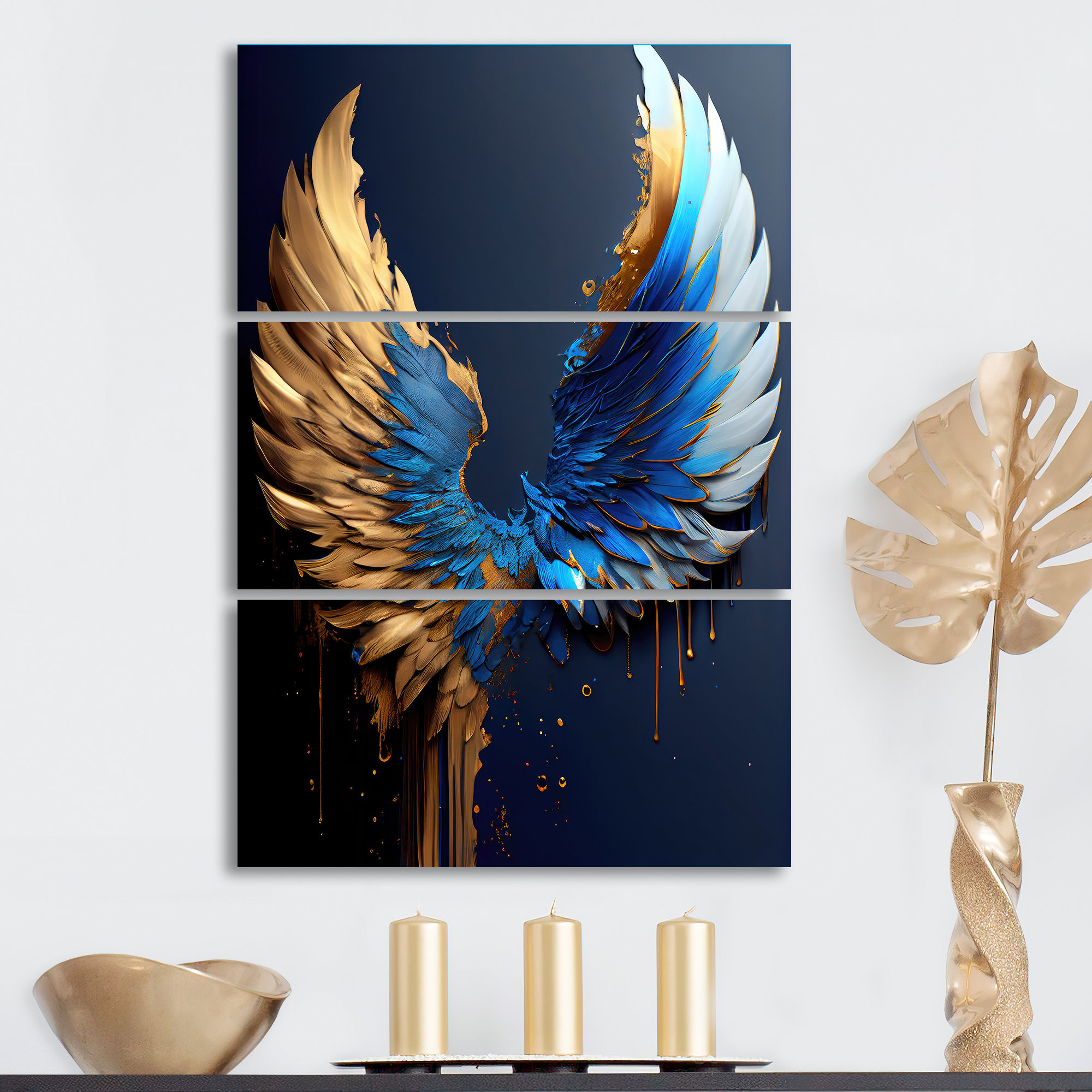 Everly Quinn Monioluwa Blue And Gold Angel Wings VI On Canvas 3 Pieces ...