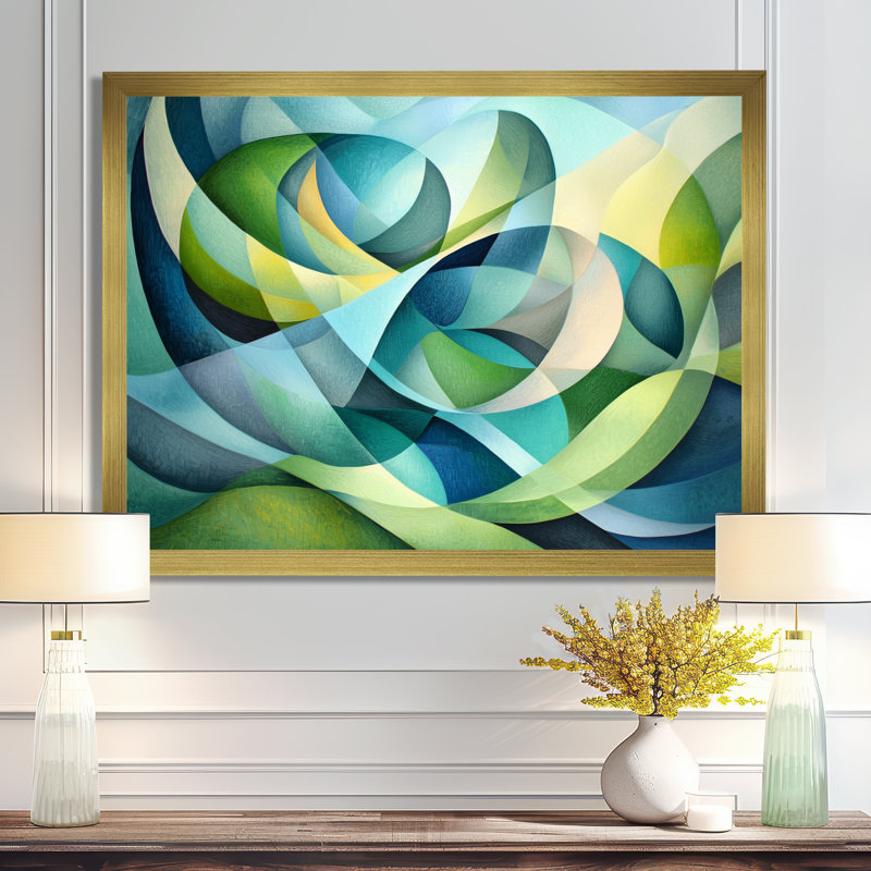Organic Green And Blues Leaves Collage III - Abstract Cubism Wall Décor, 12" H x 20" W, Gold