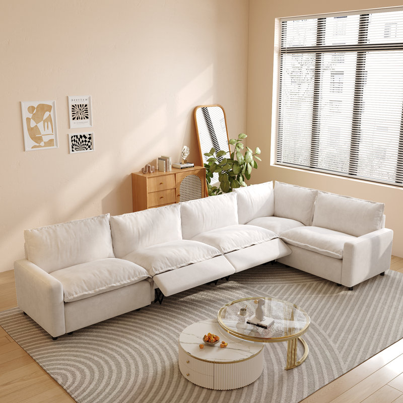 5-piece Upholstered Sectional Couch With Fabric, Heating Seat & Power Recliner, Beige Linen