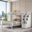 Lit mezzanine simple au-dessus de lit double pour lit d'enfant en pin massif blanc avec escalier et espace sous le lit flexible-129384507