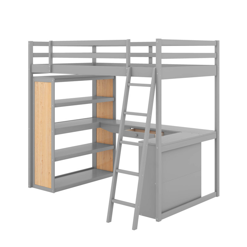 Lit mezzanine avec tablettes et bureau, Gris, Simple