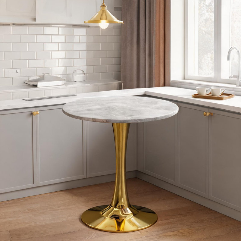 Table de salle à manger ronde à effet marbre 27,6 pouces avec base en piédestal doré, sièges 2-4, plateau gris