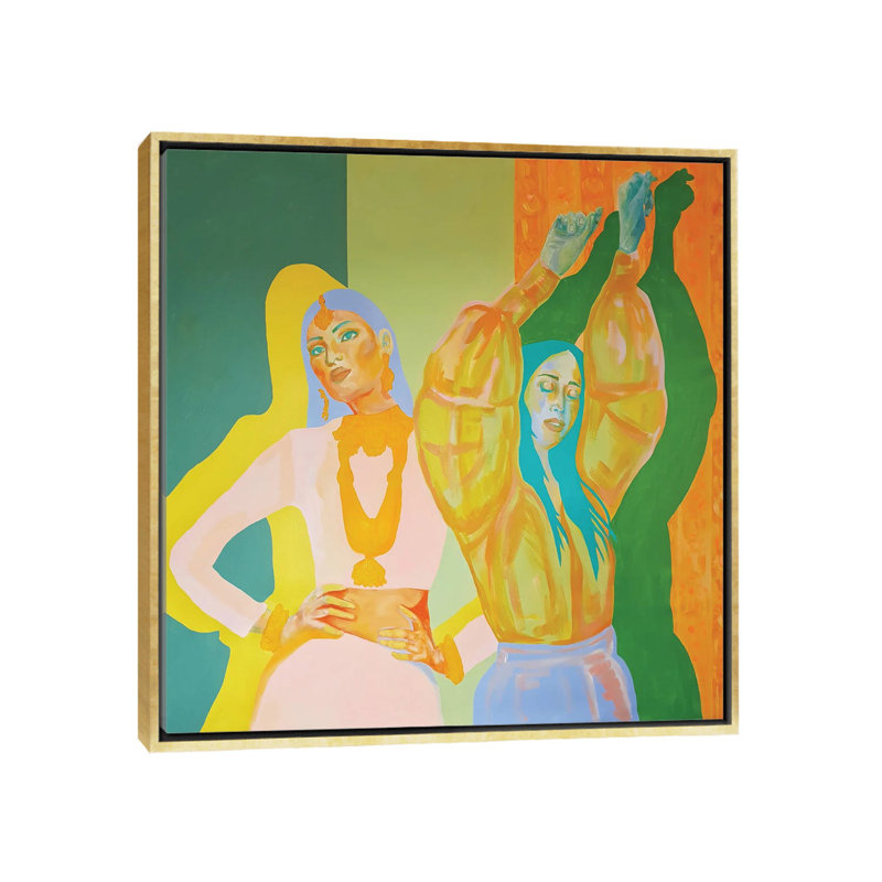 Dancing Women - Wall Art Print - Framed Canvas, Floater Frame Canvas without Mat, 18" H x 18" W, Gold