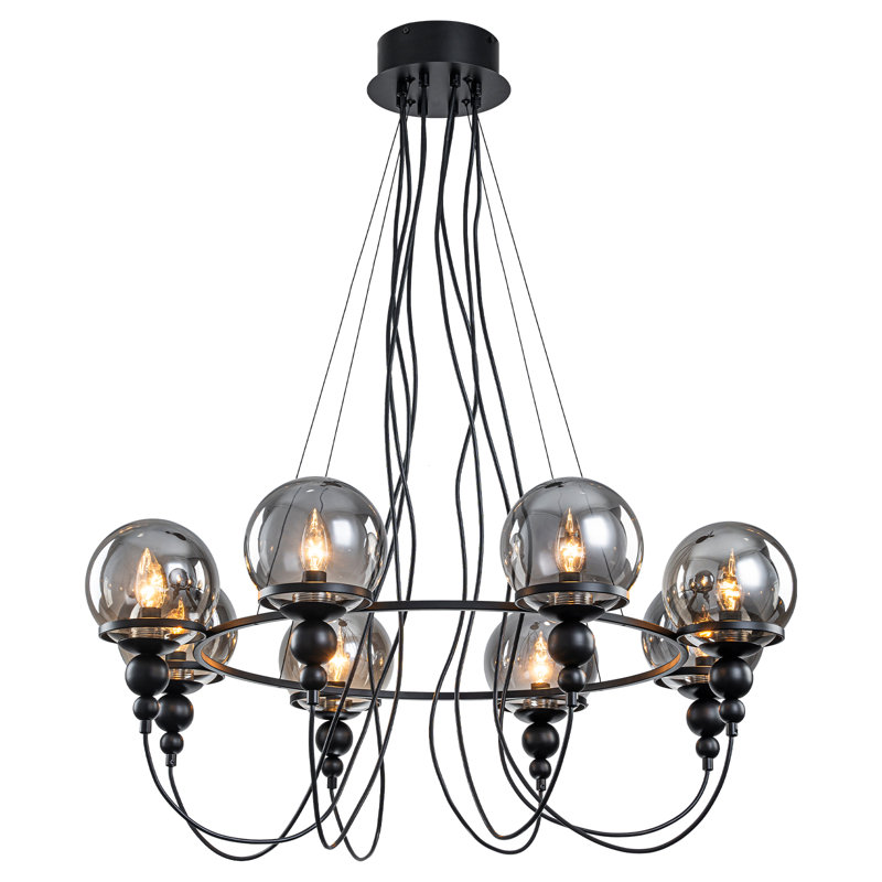 Lustre linéaire à 8 lumières avec globes en verre fumé - Éclairage d'îlot de cuisine en métal noir industriel 33,5 po, hauteur réglable 18,9 po -85,8 po, homologué ETL et UL