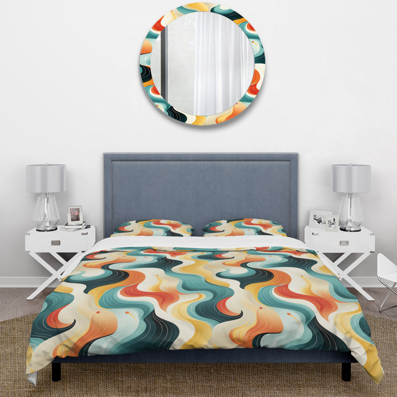 Retro Waves Lines - Ensemble de housse de couette Mid-Century - Microfibre de polyester