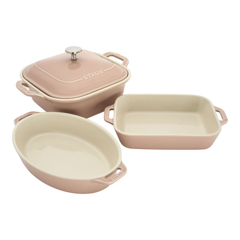 Staub Ceramic 4-Pc Baking Pans Set, Casserole Dish With Lid, Brownie Pan, Citron, Light Pink