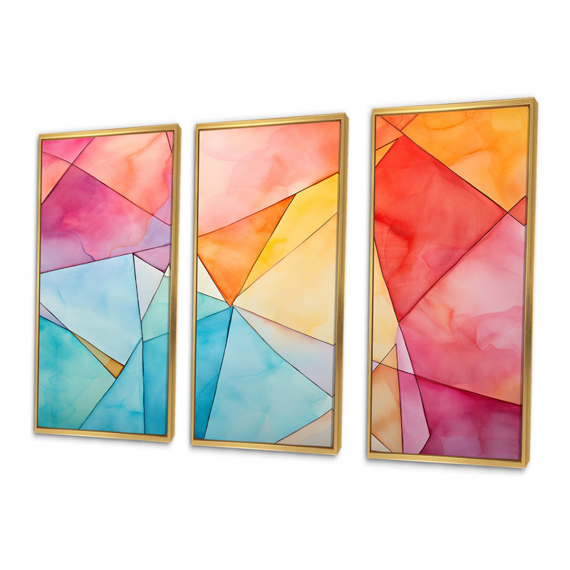 «Pastel Color Geometric Ink Explosion I», art mural géométrique, Cadre flottant doré, H 28 po x l 36 po x P 1 po