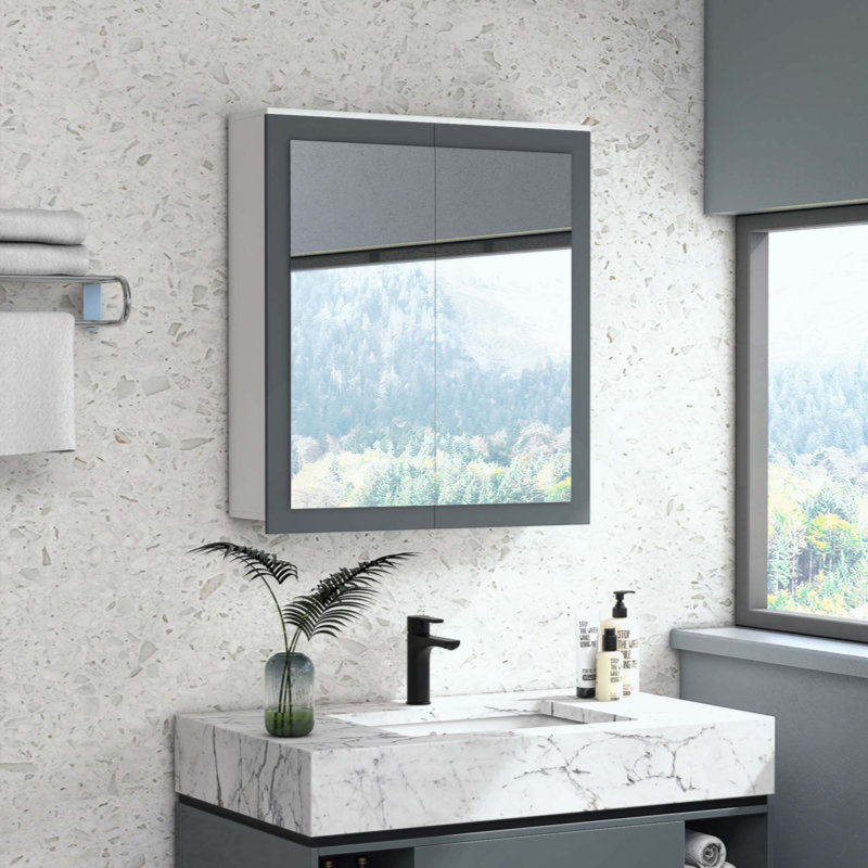 Armoire à pharmacie de salle de bain avec miroir, armoire de salle de bain murale avec miroir, armoire de salle de bain murale avec rangement, portes doubles et 2 tablettes réglables