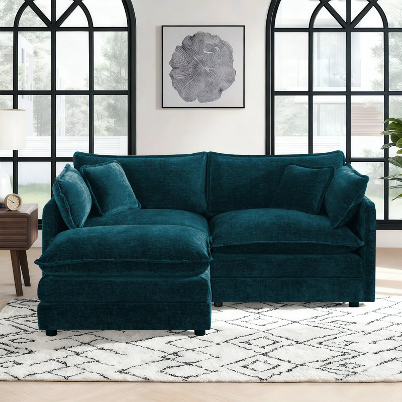 Canapé-lit modulaire en forme de L avec 1 repose-pieds Comfy, Chenille bleue