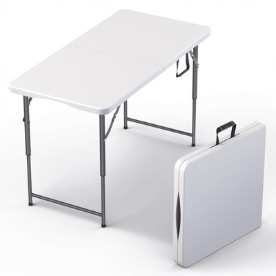 Table pliable blanche de 4 pieds, hauteur réglable, poignée intégrée, pieds en acier, portable robuste