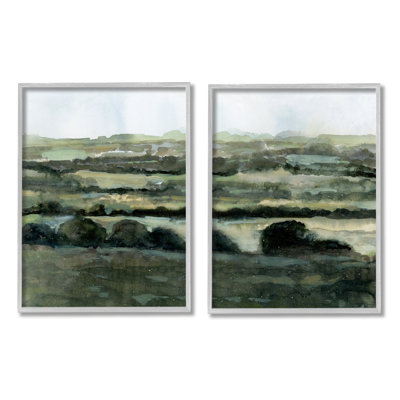 " Deep Green Countryside Hills Abstract Landscape " 2 Piece Art Painting