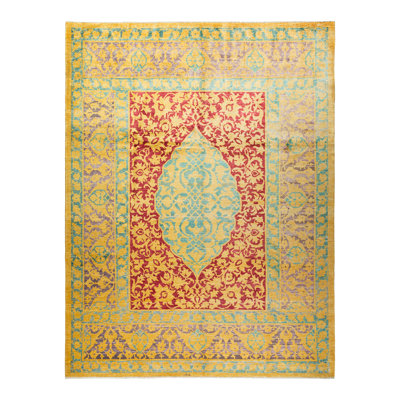 Tapis jaune / vert clair en laine noué à la main de conception unique 9 pi 2 po x 11 pi 10 po Stanja
