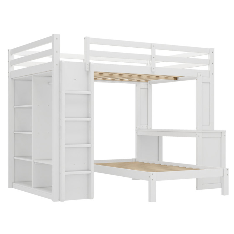 Grand lit superposé simple avec lit inférieur démontable et bureau, structure de lits superposés en bois massif avec tablettes intégrées et garde-robe, peut être converti en lit mezzanine