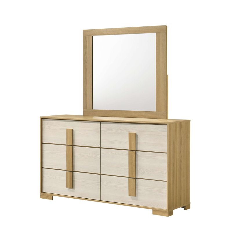 Commode 6 tiroirs avec miroir en bois naturel et blanc Boone