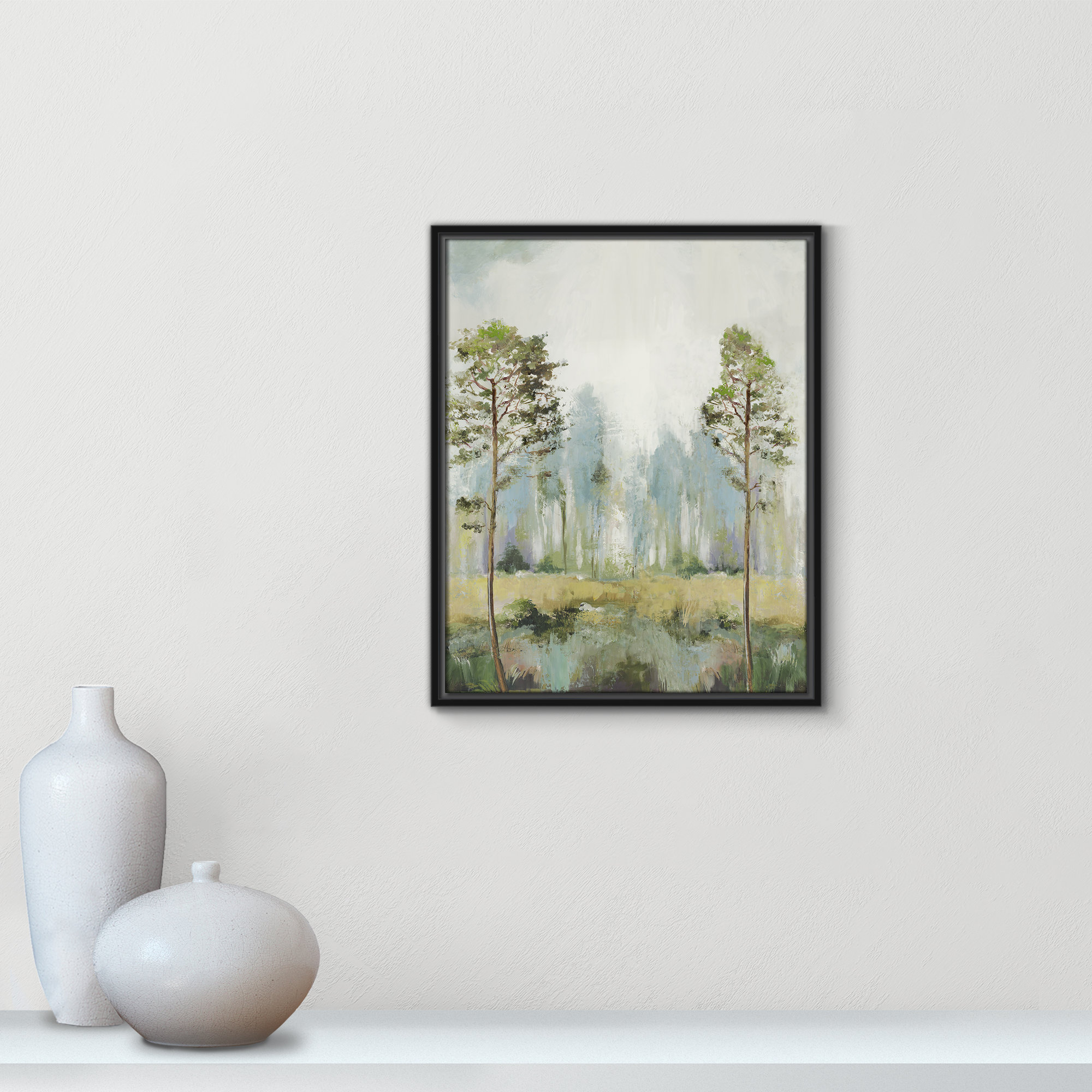 Tall Green Trees II by Teton Pearce - Floater Frame Print on Canvas, 21.5" H x 17.5" W, Black
