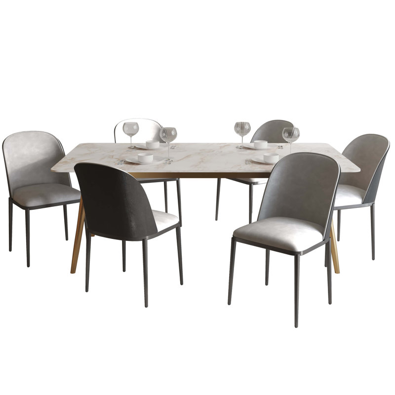 Ensemble de salle à manger 7 pièces avec table de salle à manger rectangulaire en pierre frittée de 55 po et 6 chaises de salle à manger rembourrées