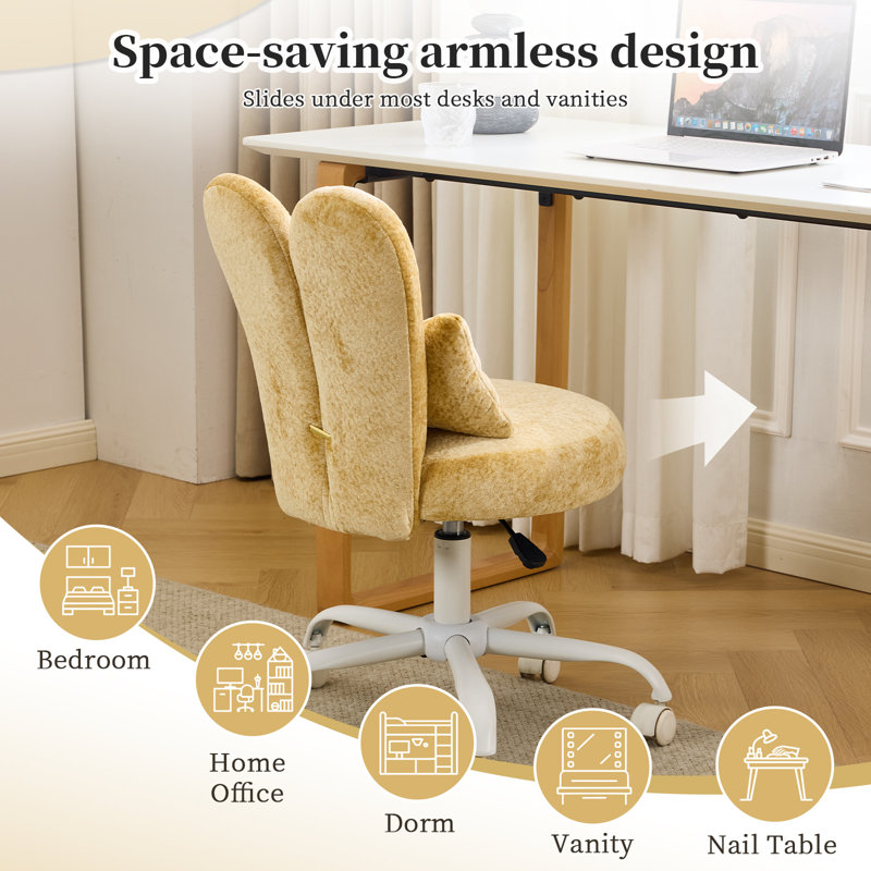 Adjustable Bow Velvet Bunny Ear Swivel Accent Chair Office Chair For Home Office Vanity, Yellow