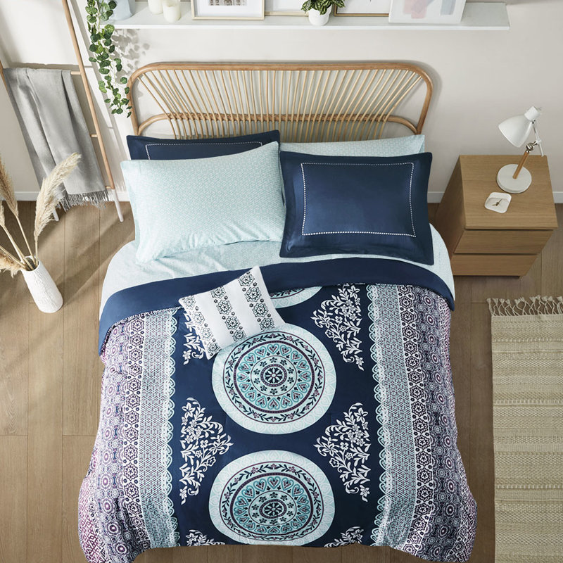 Édredon pleine grandeur bleu marine avec motif de draps - Imprimé, Marine, Édredon double et 2 taies décoratives