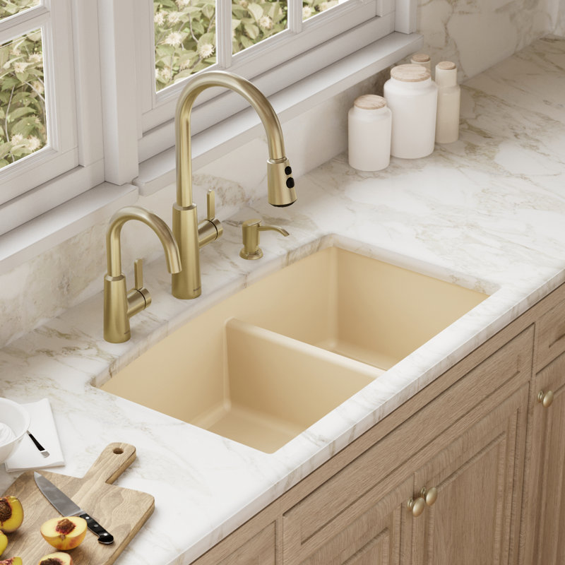Karran Undermount Quartz Composite 32'' X 19-1/2'' 60/40 Double Bowl Kitchen Sink, Bisque