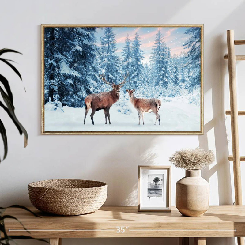 Cerf Winter Wonderland, Cadre flottant en bois naturel, 25 po x 17 po