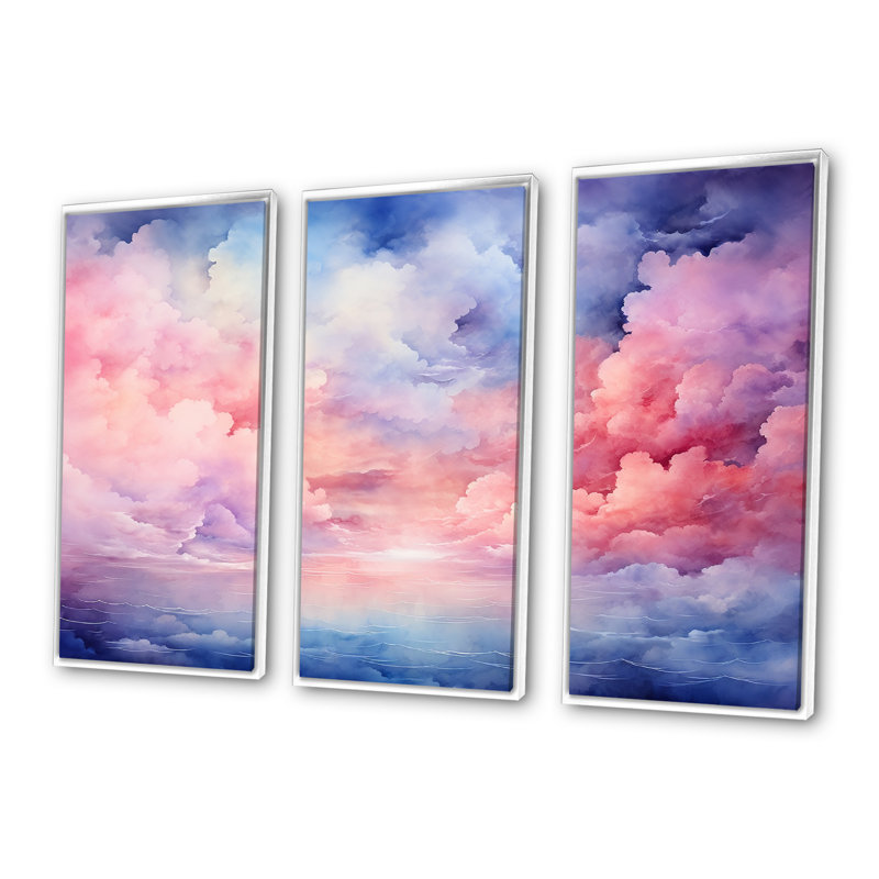 Rose et bleu pastel coloré ciel II - art mural ciel, Cadre flottant blanc, H 28 po x l 36 po x P 1 po