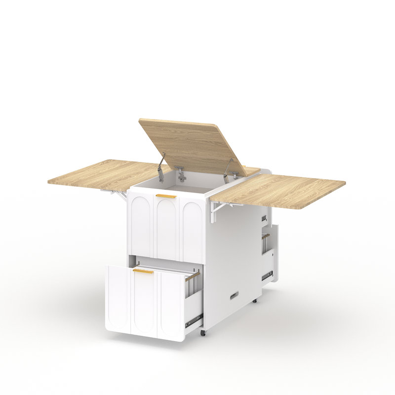 Classeur convertible 3-en-1 - à plateau rabattable avec double abattant, 4 tiroirs et prise intégrée, espace de travail de rangement multifonctionnel pour le bureau à domicile