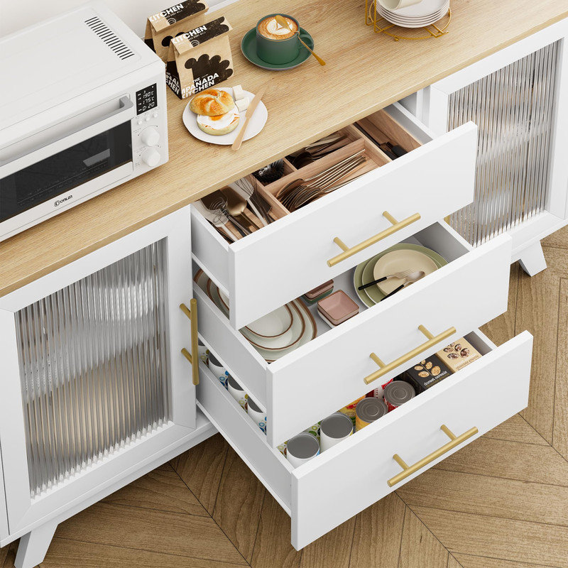 Buffet avec 2 portes en verre cannelé, armoire à café moderne de 56 po avec 3 grands tiroirs, armoire de rangement longue blanche pour la cuisine, le salon et la salle à manger