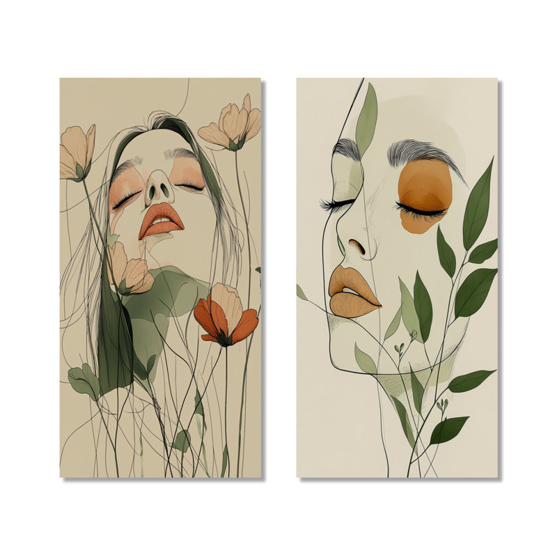 «Woman Line Art Flower Boho I - Orange Glam», ensemble de 2 décorations murales en métal, H 32 po x l 32 po